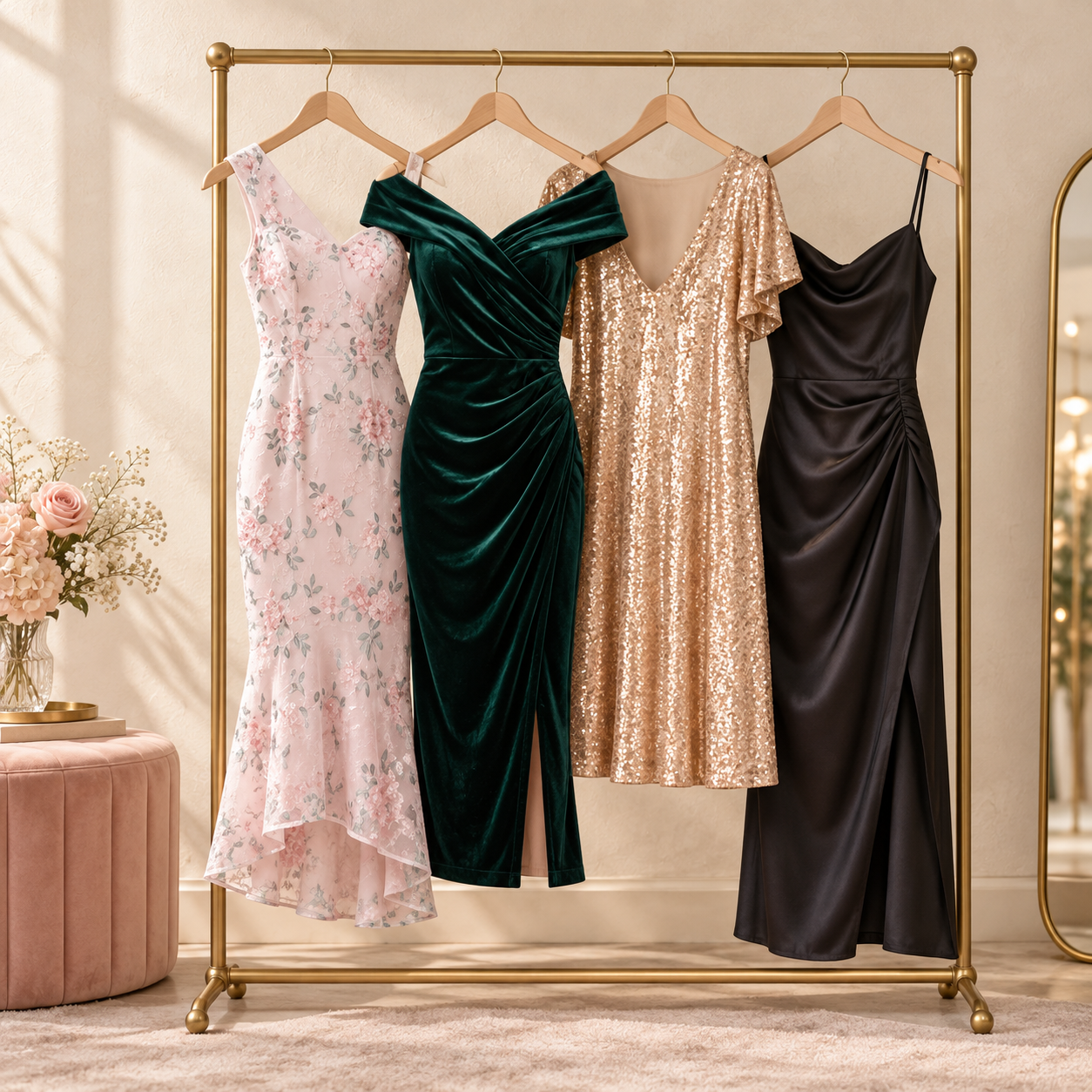 CG Style Shop evening and occasion dresses in blush, emerald, champagne and black