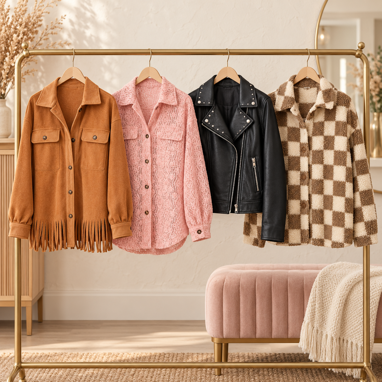CG Style Shop jackets and shackets in camel, pink lace, black vegan leather and neutral checks