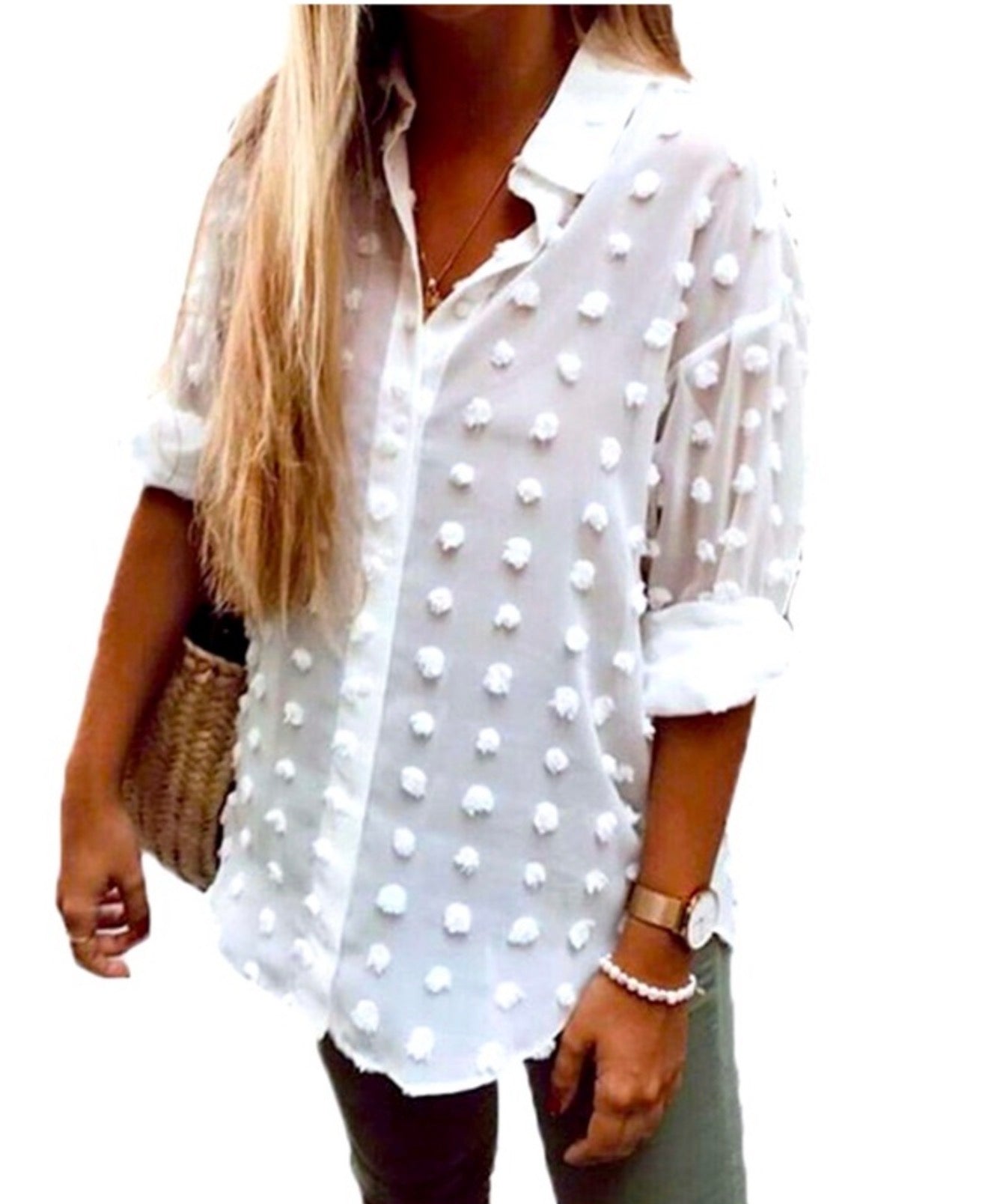 Vine & Love White Sheer Pom Pom Blouse - Balloon Sleeves