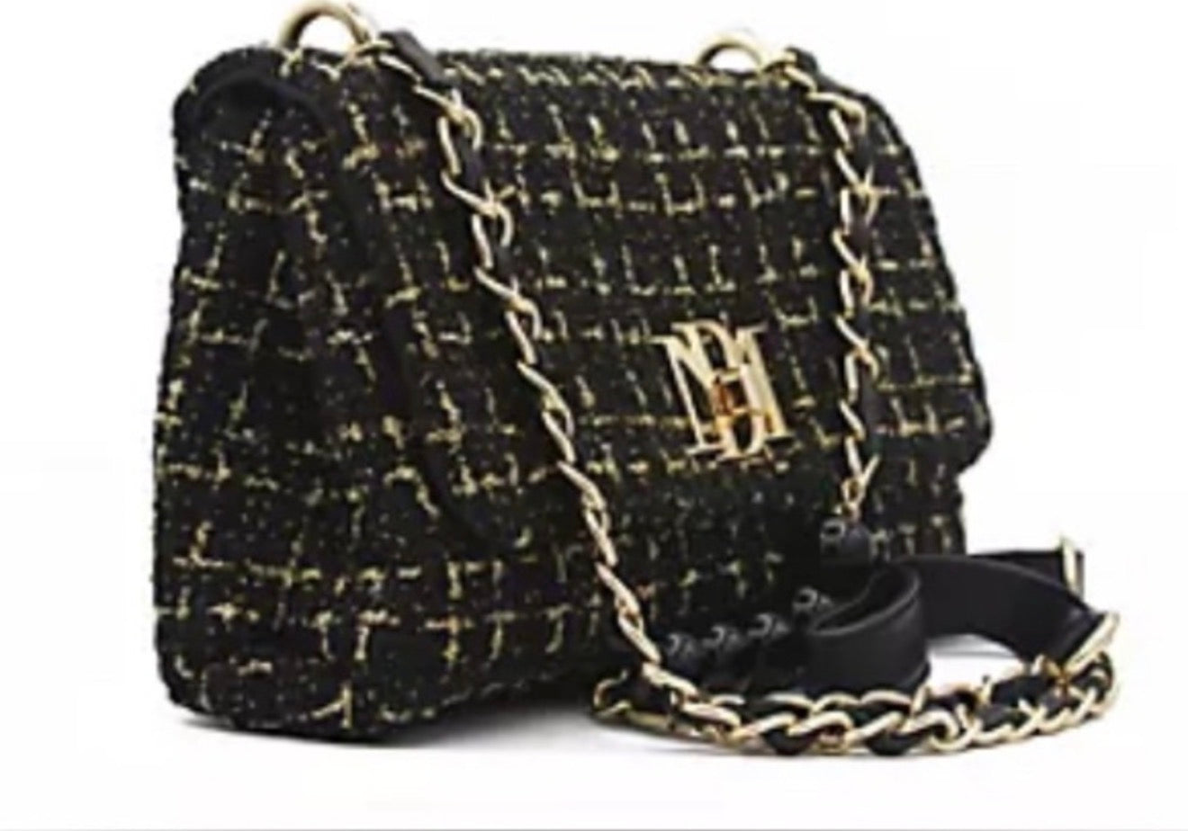 Badgley Mischka Tweed Small Messenger Bag | Gold Hardware & Pearl Chain