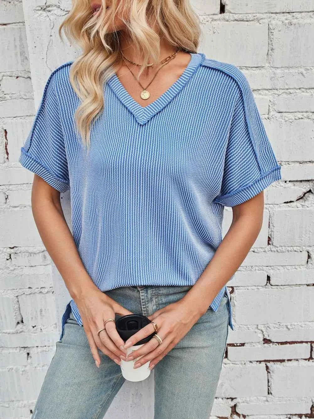 Cord Ribbed V-Neck Short Sleeve T-Shirt