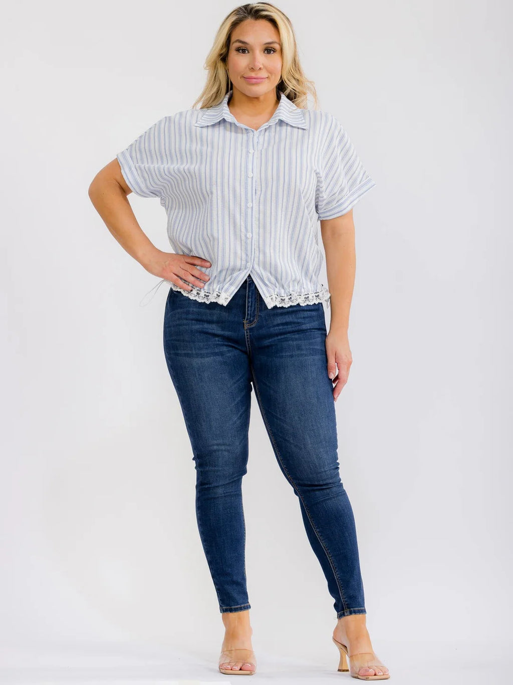Striped Lace Trim Short Sleeve Button-Down Shirt