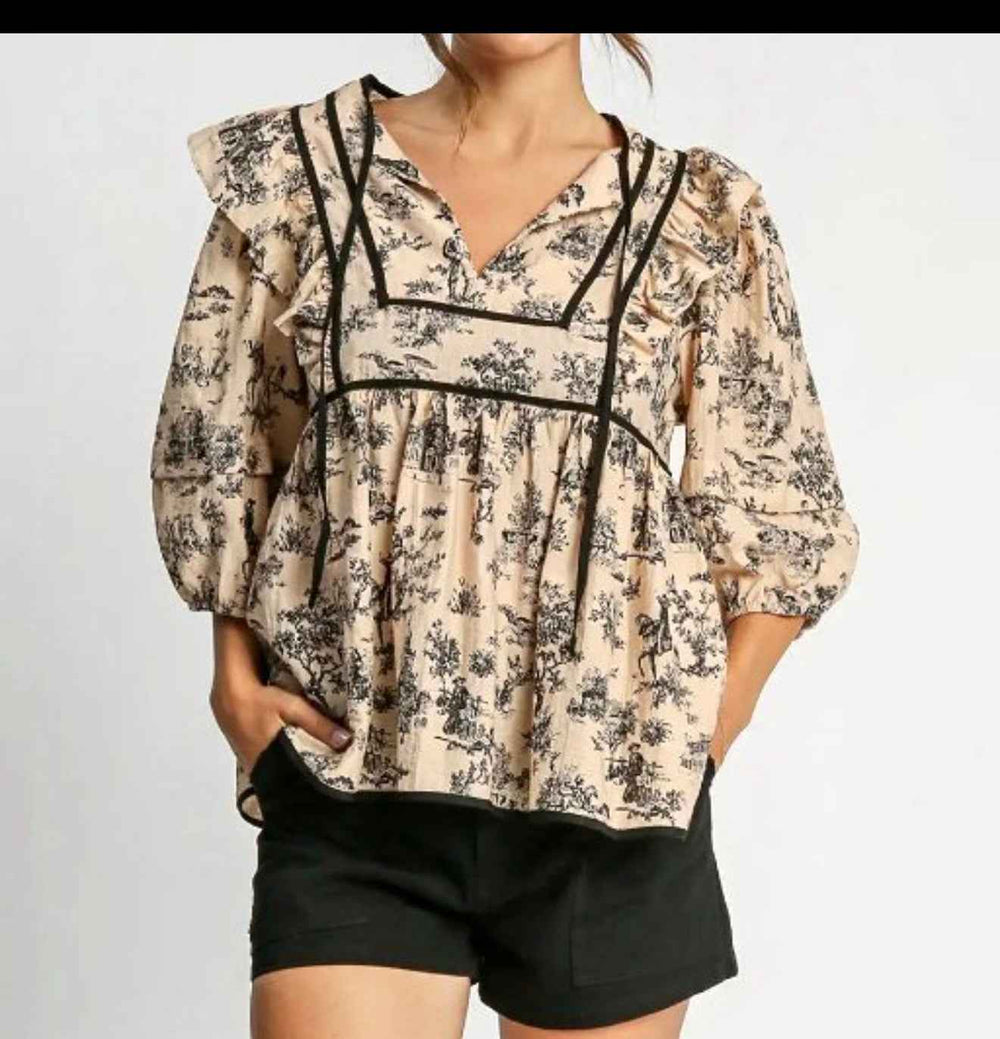 Umgee Toile Babydoll Blouse – V-Neck Puff Sleeve