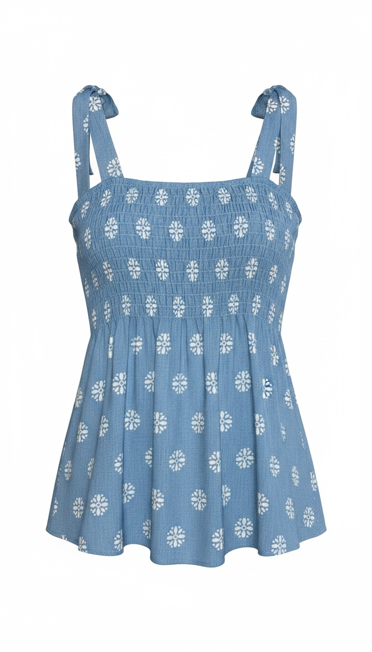 Blue Floral Tie-Shoulder Smocked Tank Top