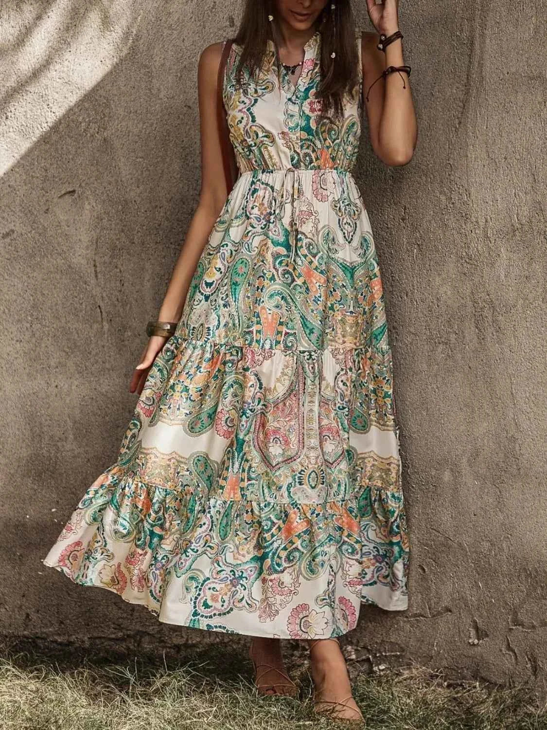 Printed Notched Sleeveless Dress