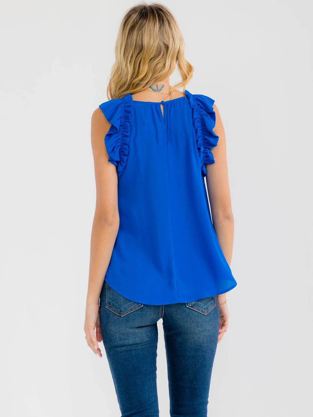 Blue Pepper Ruffle Sleeve Blouse with Neck Trim Detail