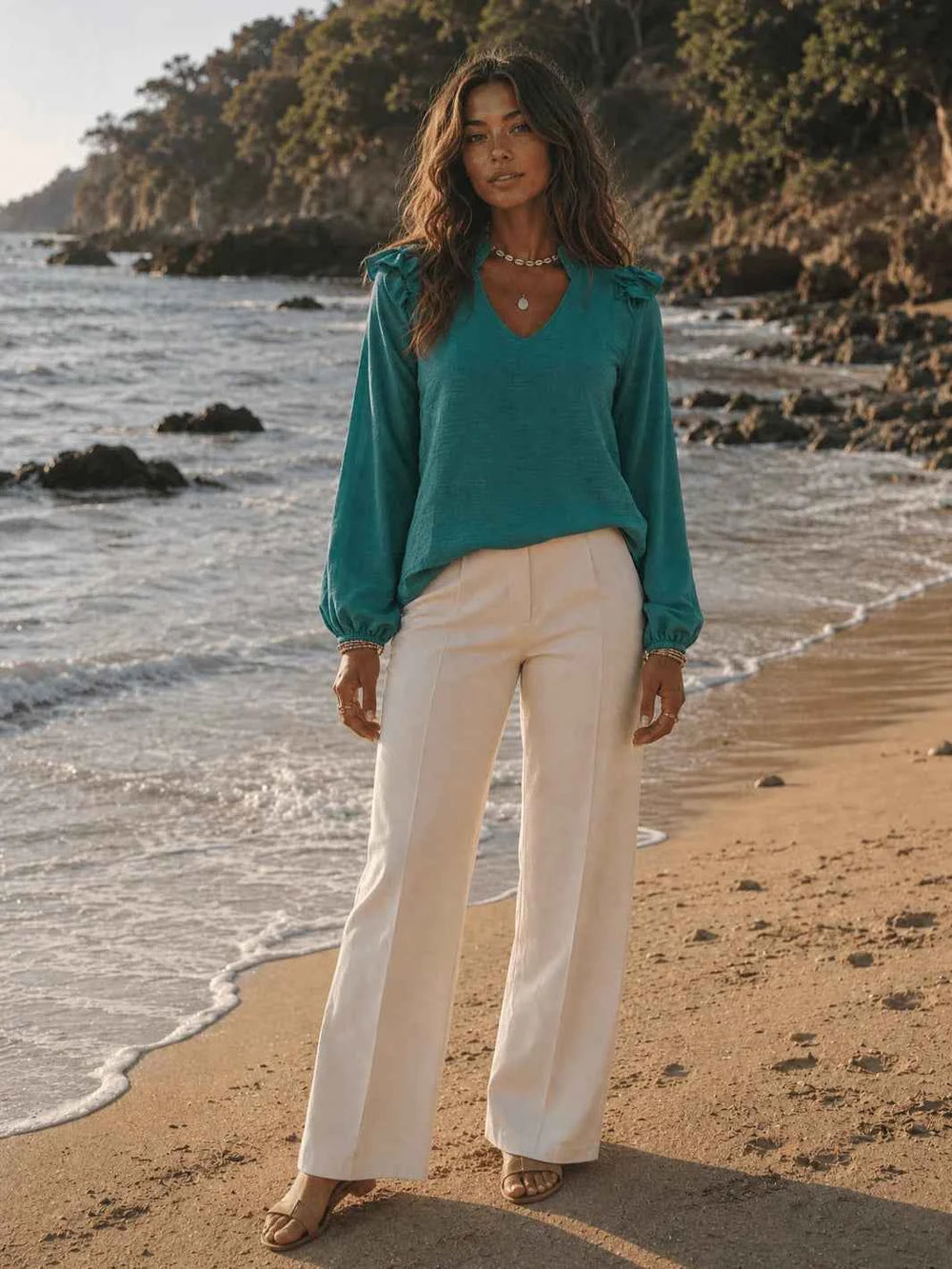 Linen Pants, V-Neck Blouse & Ribbed Top – 3-Piece Outfit Bundle