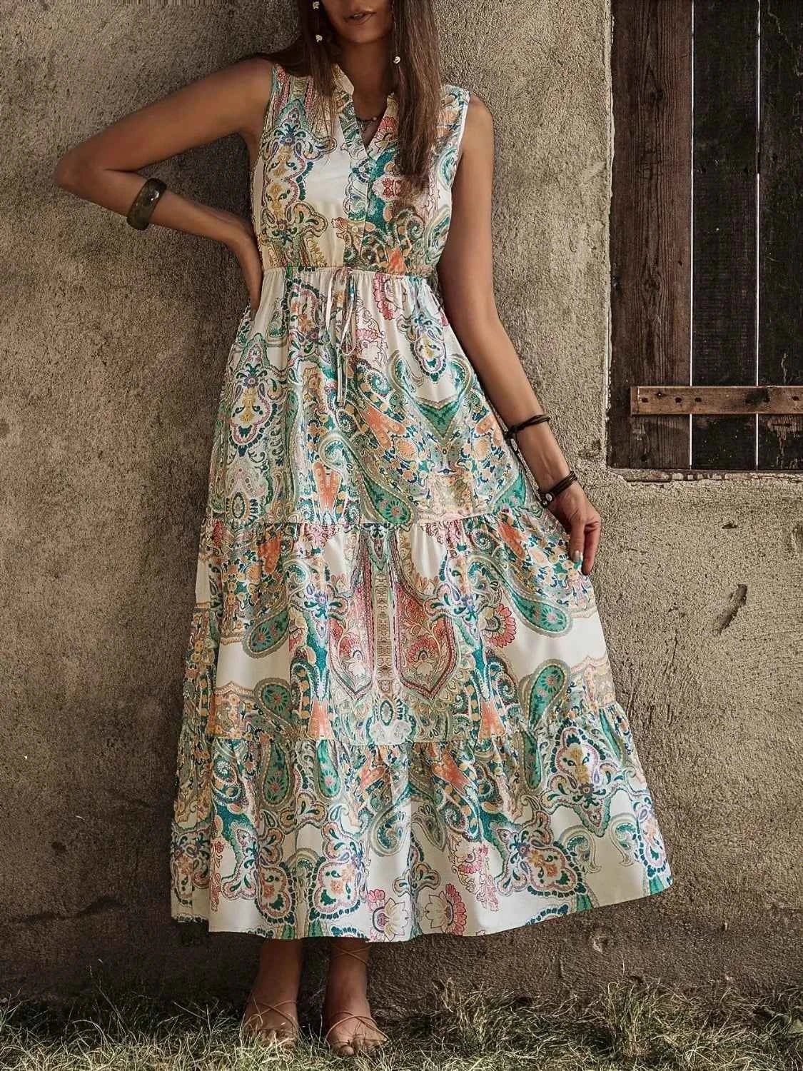 Printed Notched Sleeveless Dress