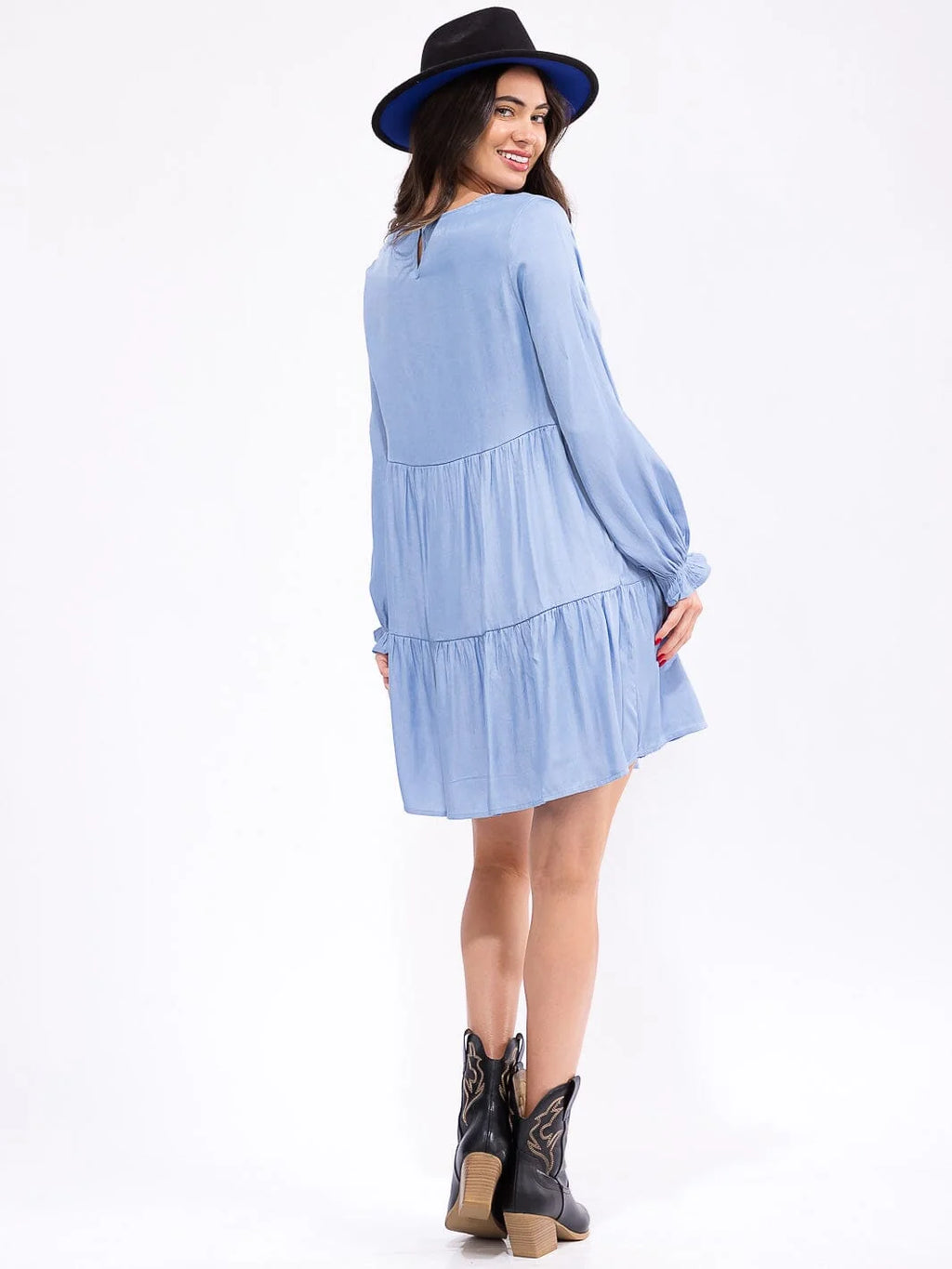 Blue Chambray Tiered Long-Sleeve Dress