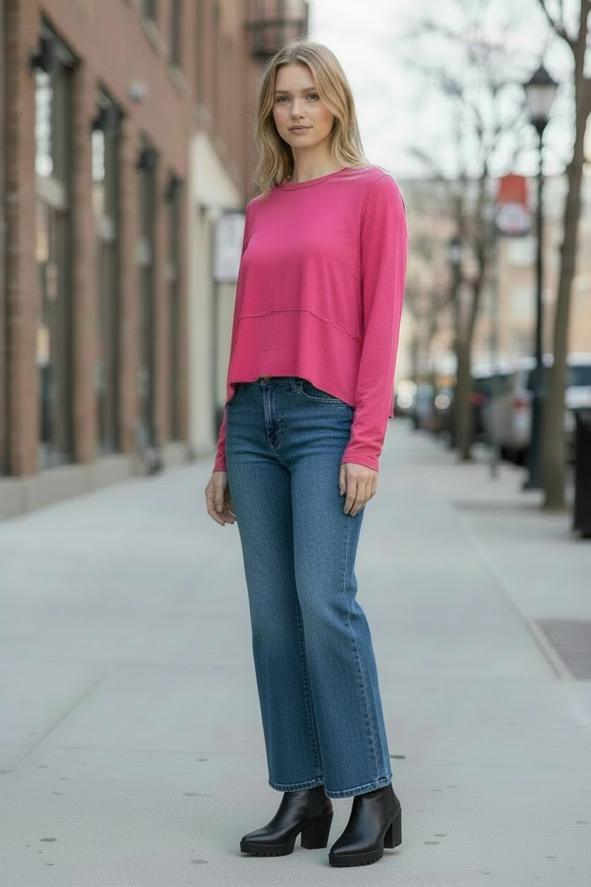 Shark-Bite Side-Slit Long-Sleeve Top – Relaxed Fit