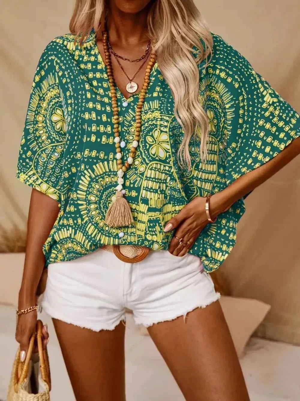 Printed V-Neck Half Sleeve Top