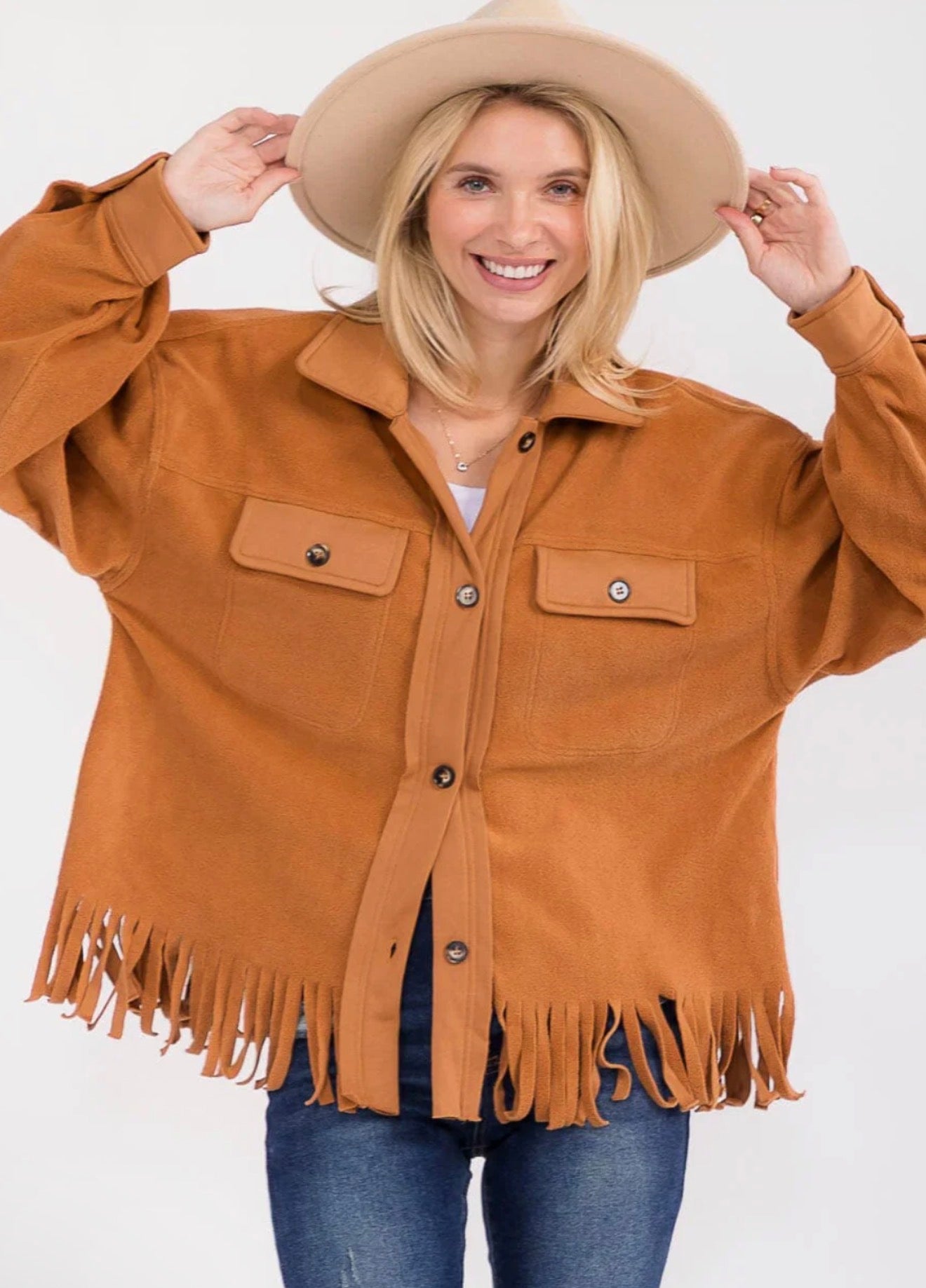 LONG SLEEVE BUTTON CLOSURE FRONT POCKETS FRINGE JACKET
