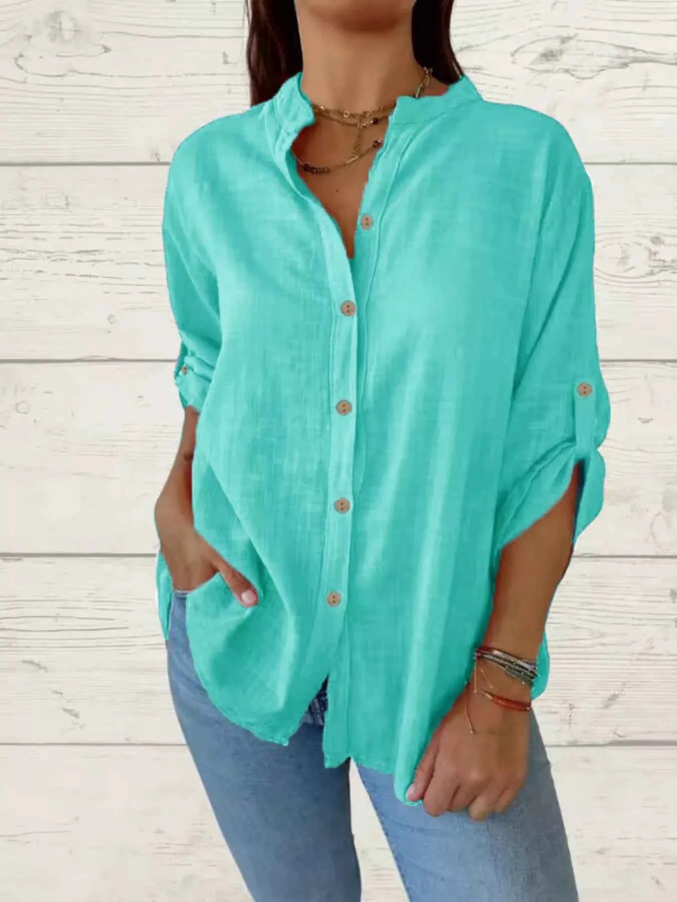 Full Size Casual Button-Down Roll-Up Sleeve Shirt Plus Size