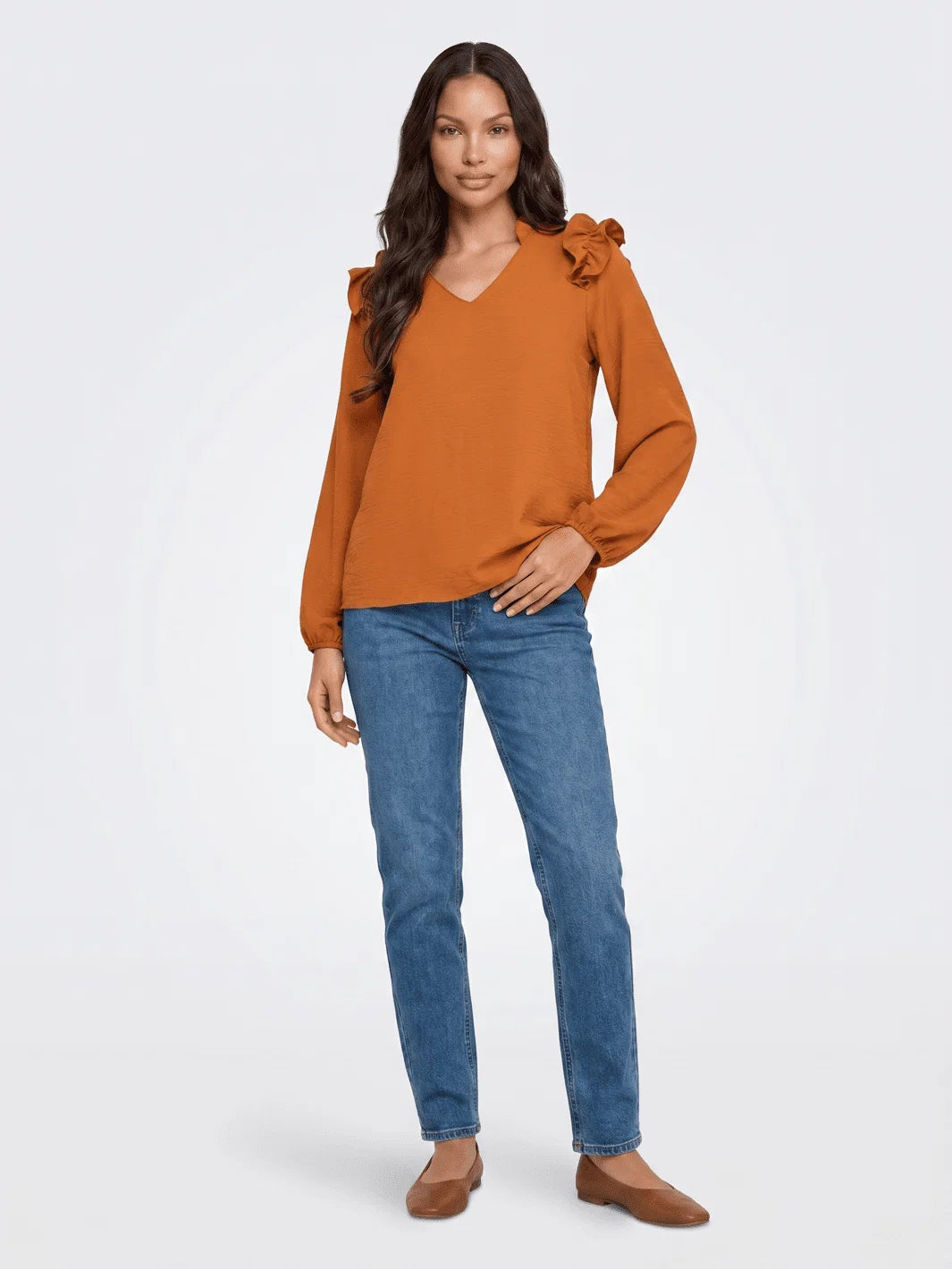 Womens teal and burnt orange long sleeve v-neck blouse front view