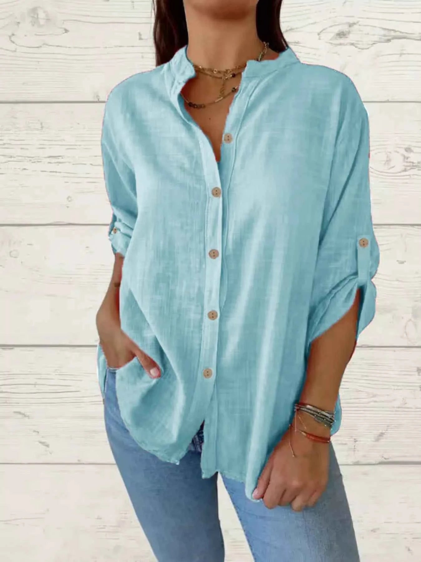 Full Size Casual Button-Down Roll-Up Sleeve Shirt Plus Size