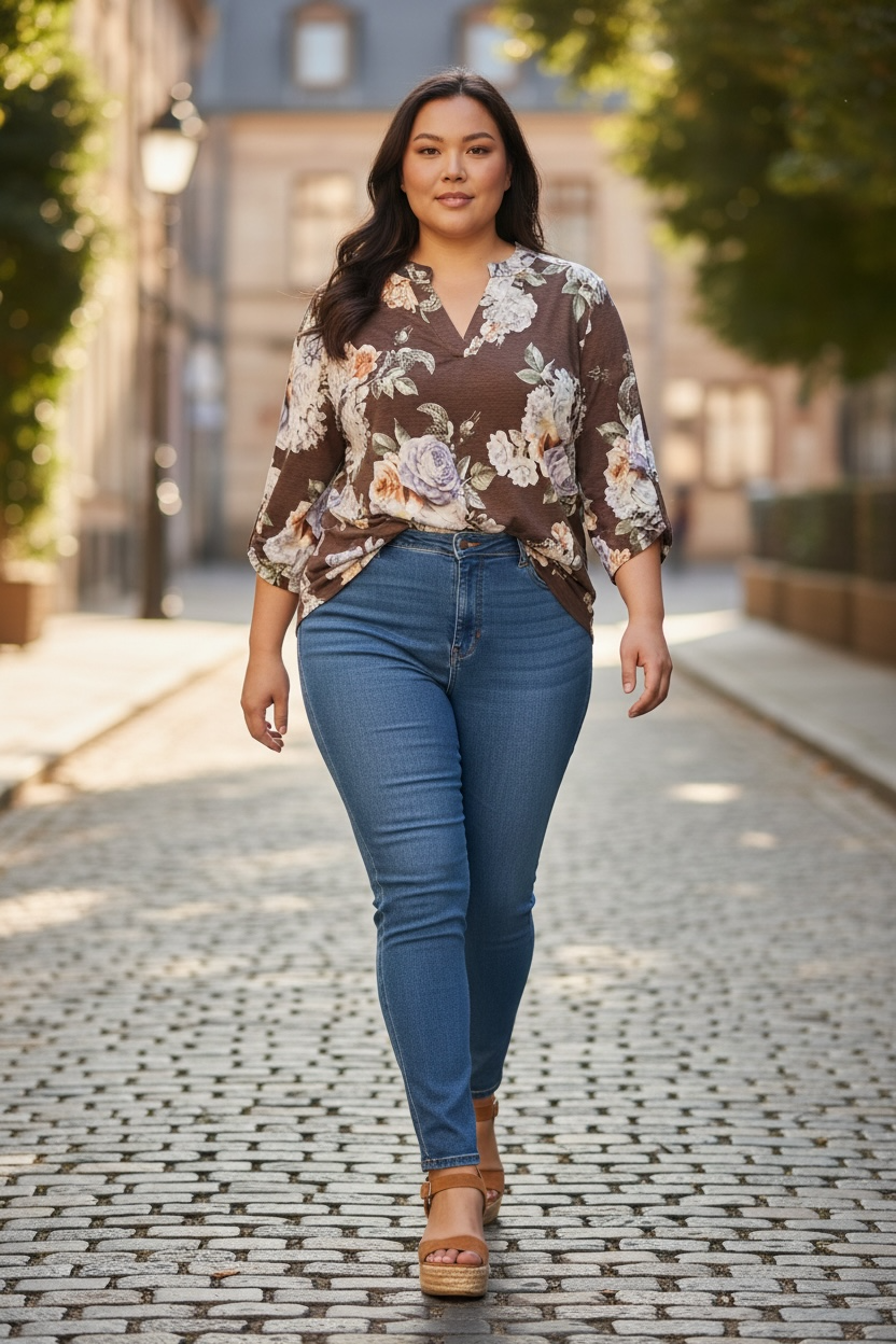 Dear Scarlett Lizzy Brown Floral V-Neck Blouse – Plus Size