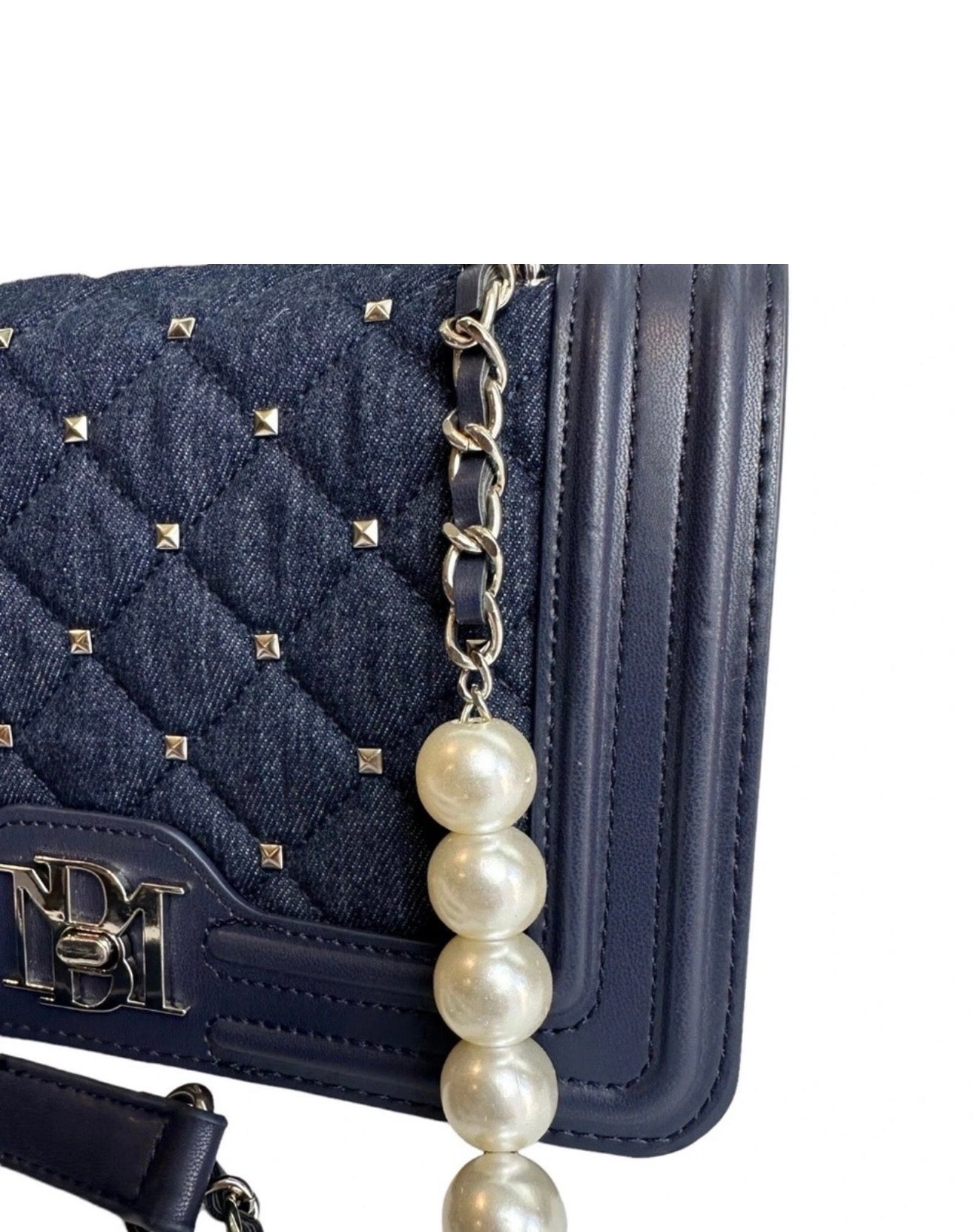 Badgley Mischka Quilted Pearl Denim Crossbody Bag
