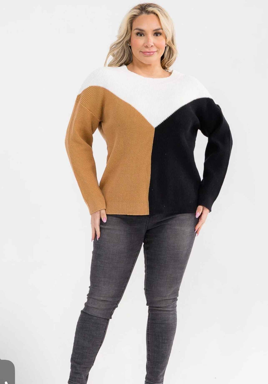 Plus Size Long Sleeve Ribbed Colorblock Pullover Sweater