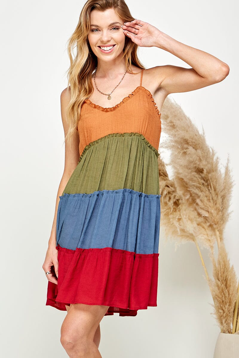 Women's Tiered Colorblock Mini Dress | Sleeveless V-Neck