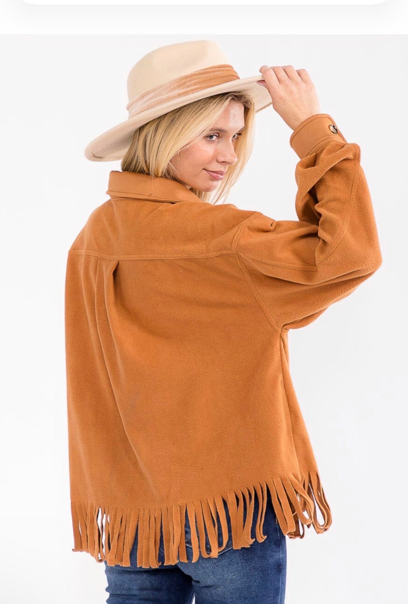 LONG SLEEVE BUTTON CLOSURE FRONT POCKETS FRINGE JACKET