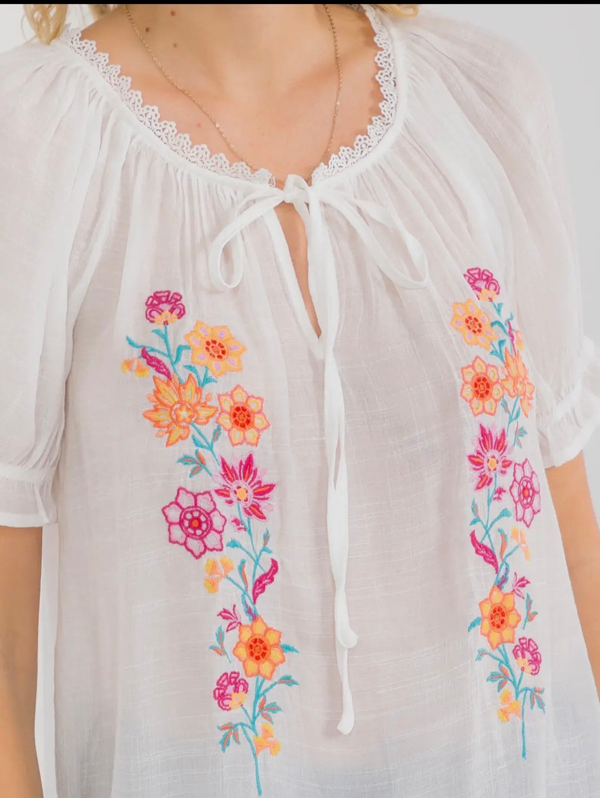 Blu Pepper floral-embroidered tie-front blouse front view