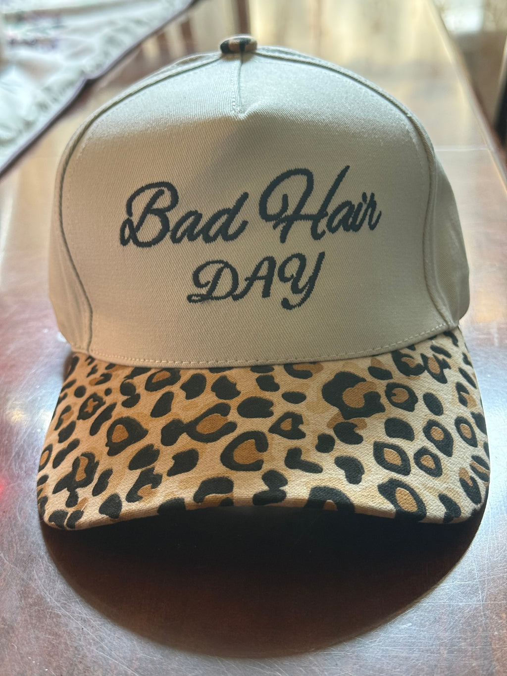 Bad Hair Day Cap – Women's Khaki Baseball Hat with Leopard Brim