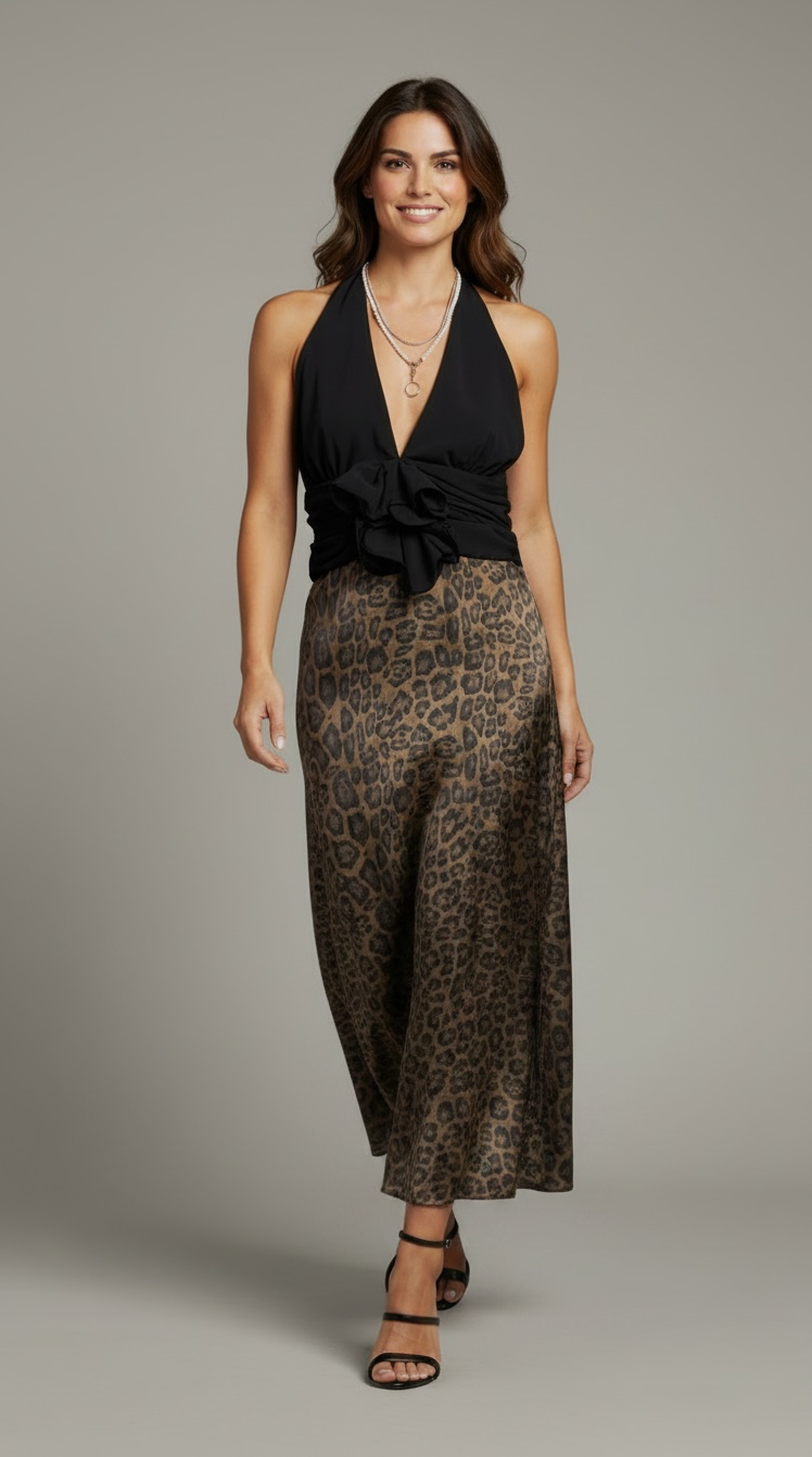 Arose Studio Leopard Halter Maxi Dress – Corset Waist