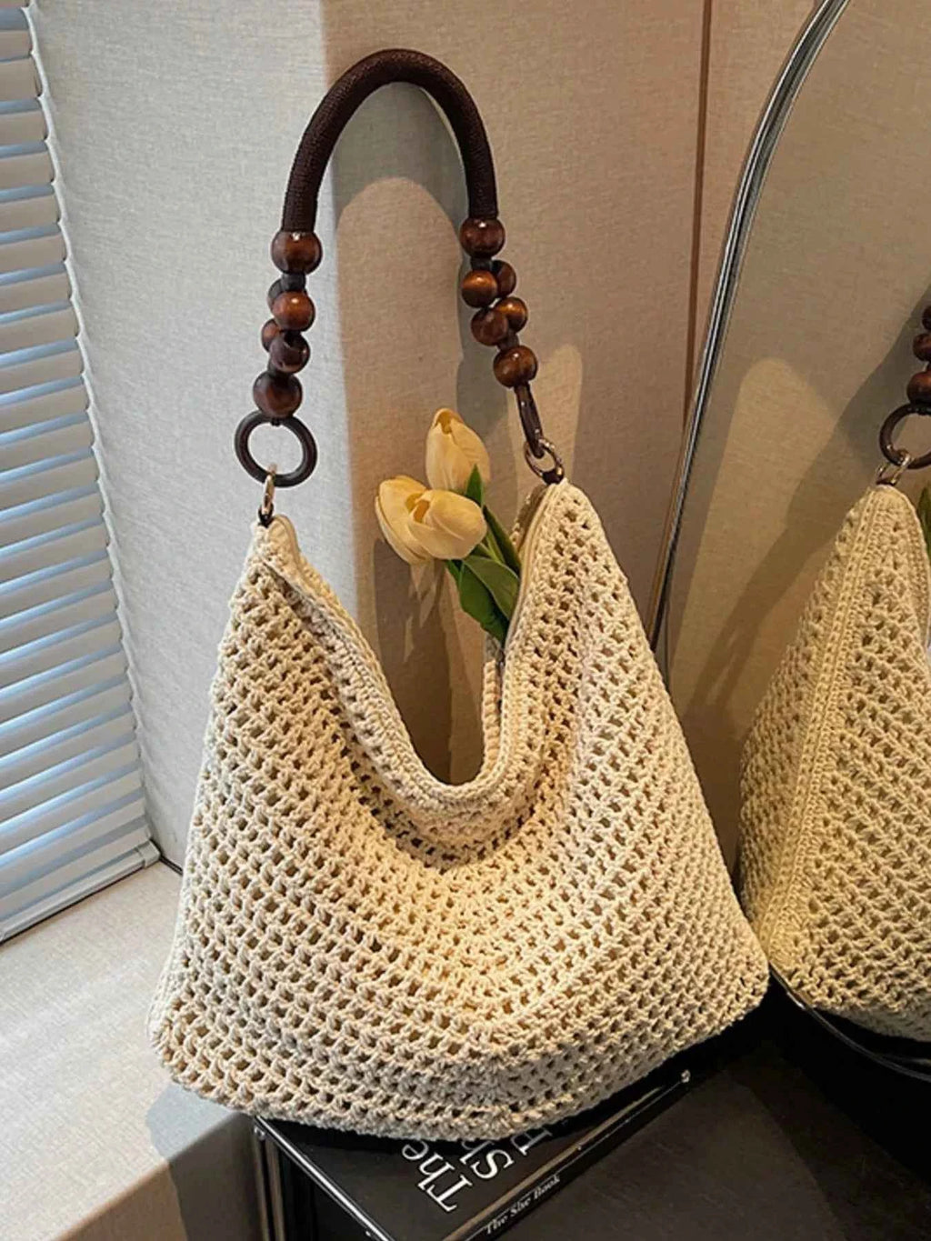Knitted Shoulder Bag with Wooden Bead Handle