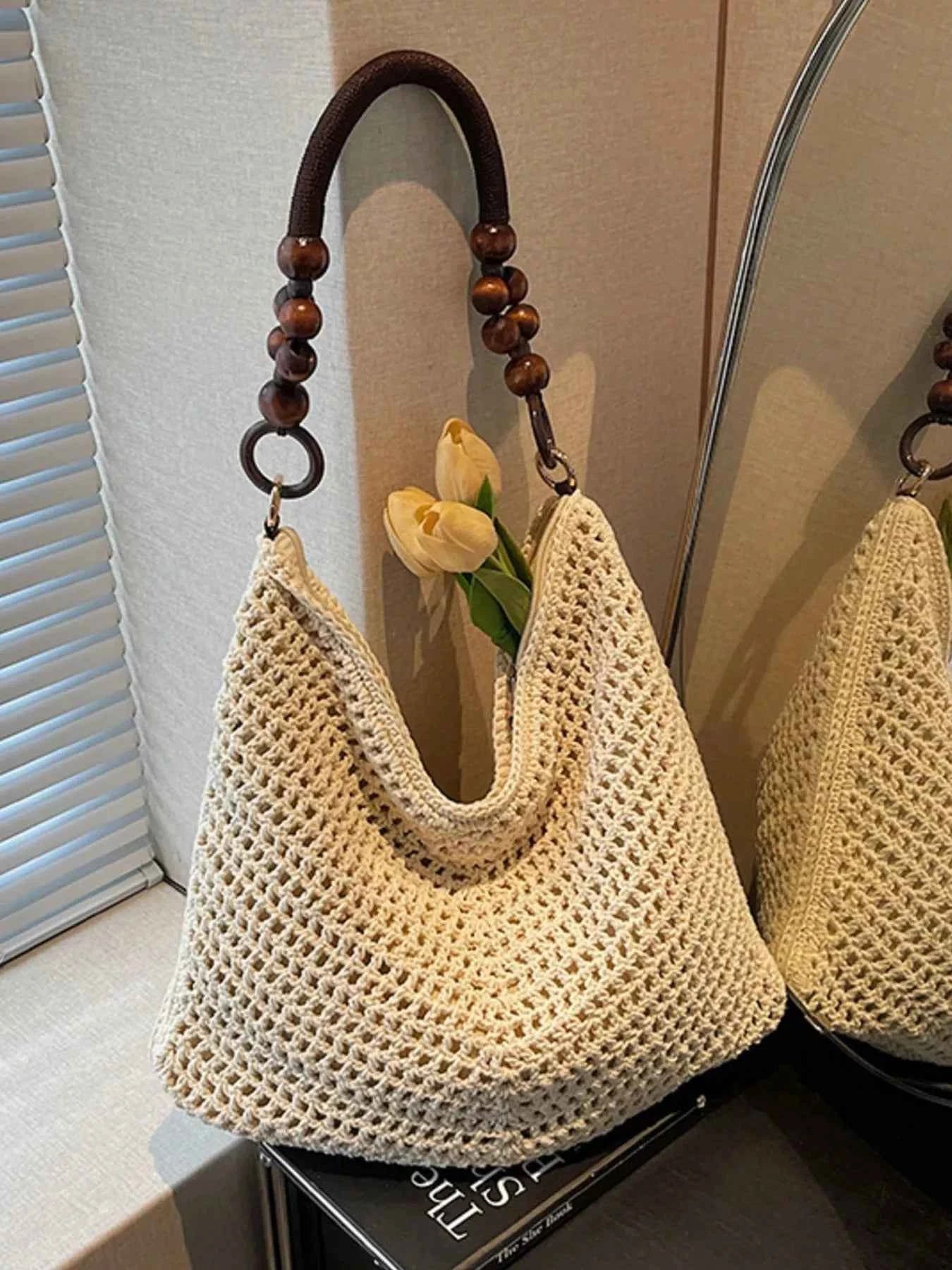 Knitted Shoulder Bag with Wooden Bead Handle