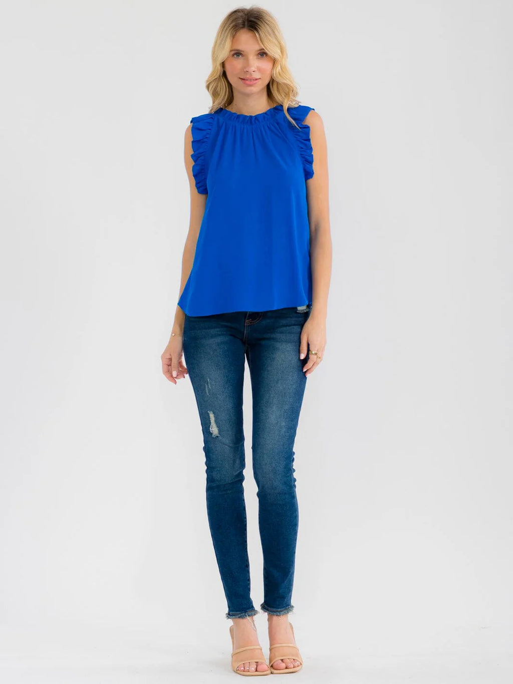 Blue Pepper Ruffle Sleeve Blouse with Neck Trim Detail