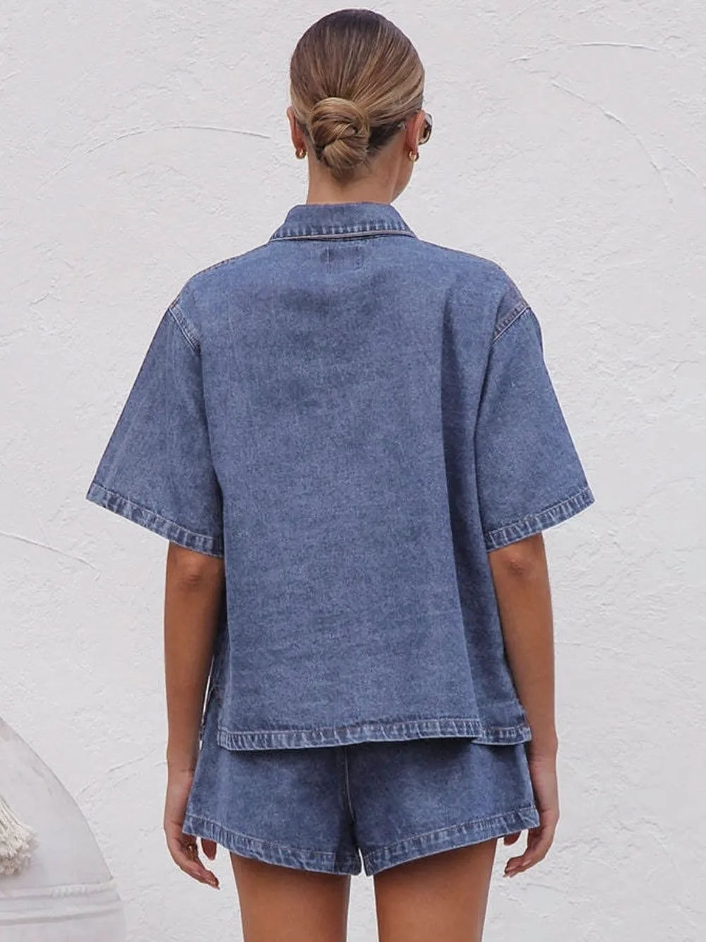 Collared Neck Button Up Top and Shorts Denim Set