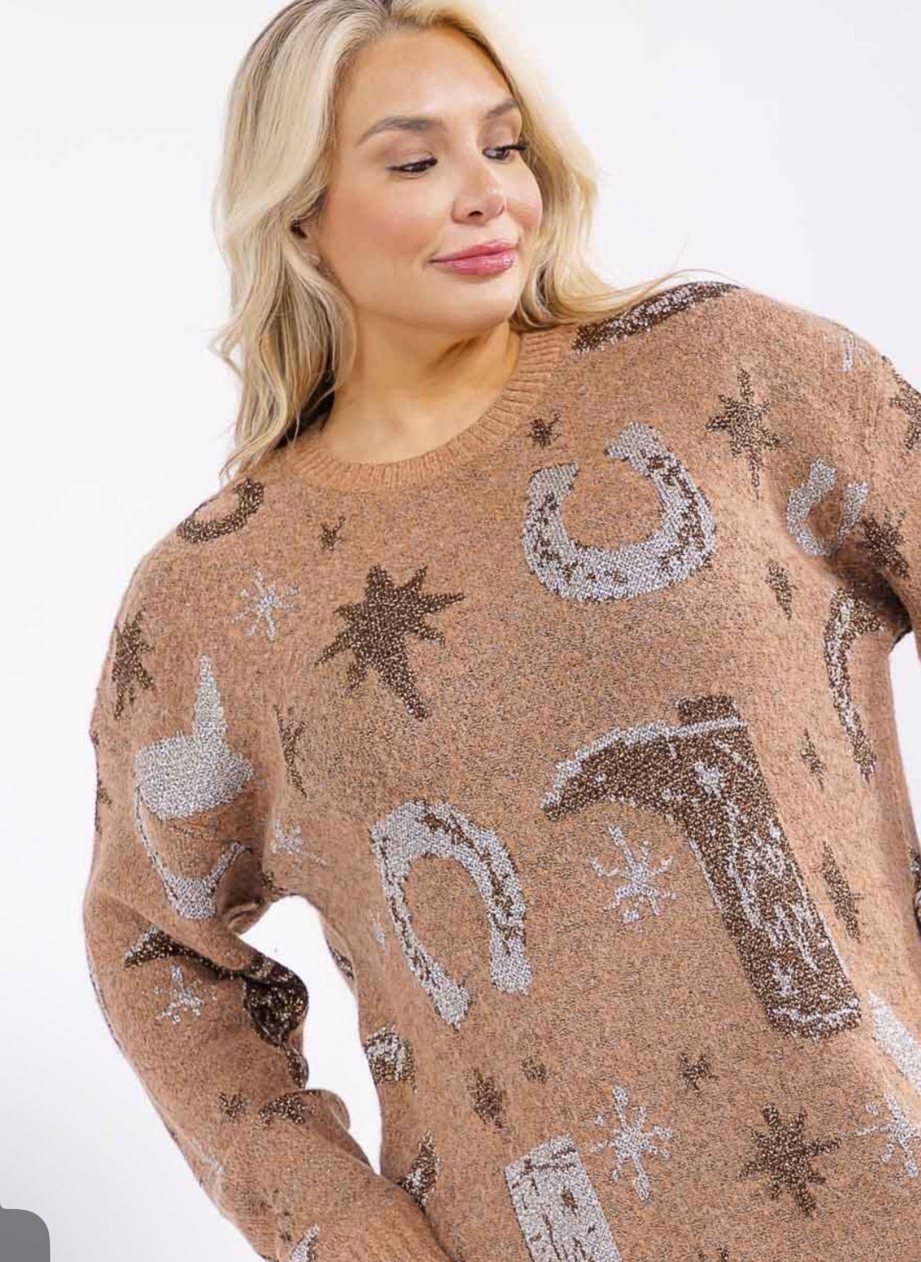 Entro Western Horseshoe & Boot Graphic Oversized Sweater | Plus Size Long Sleeve Pullover