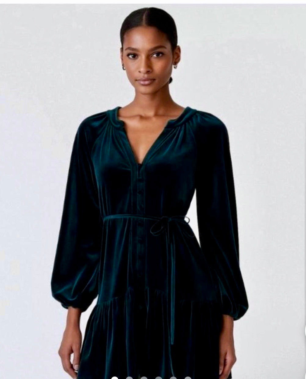 Alex Marie V-Neck Dark Green Velvet Long Sleeve Button Front Dress Chic Holiday Party