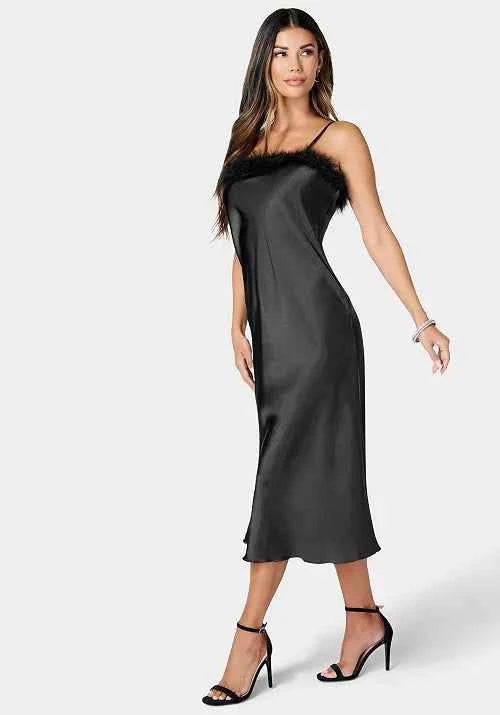 Bebe Feather-Trim Satin Slip Dress – Evening