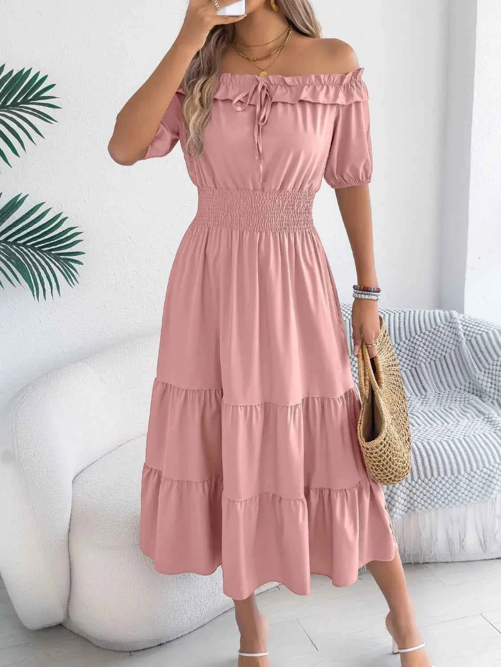 Smocked Off-Shoulder Tiered Dress
