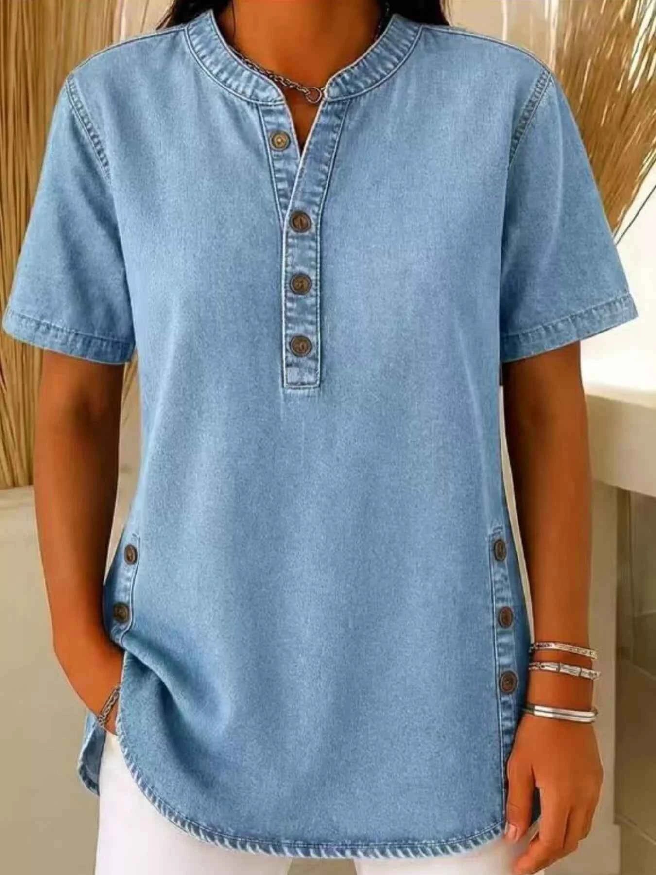 Full Size Button Detail Short Sleeve Blouse Plus Size