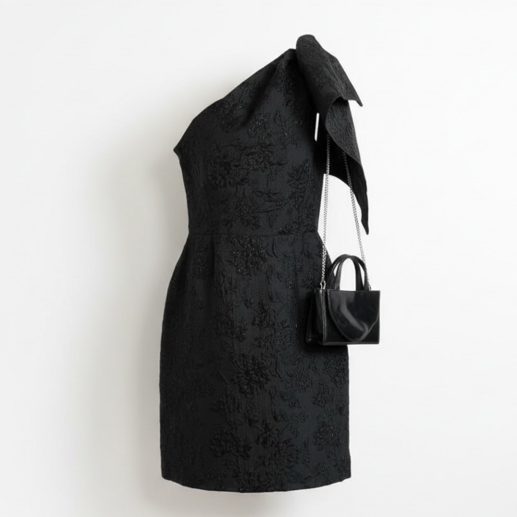 Lulus Black One shoulder brocade cocktail dress