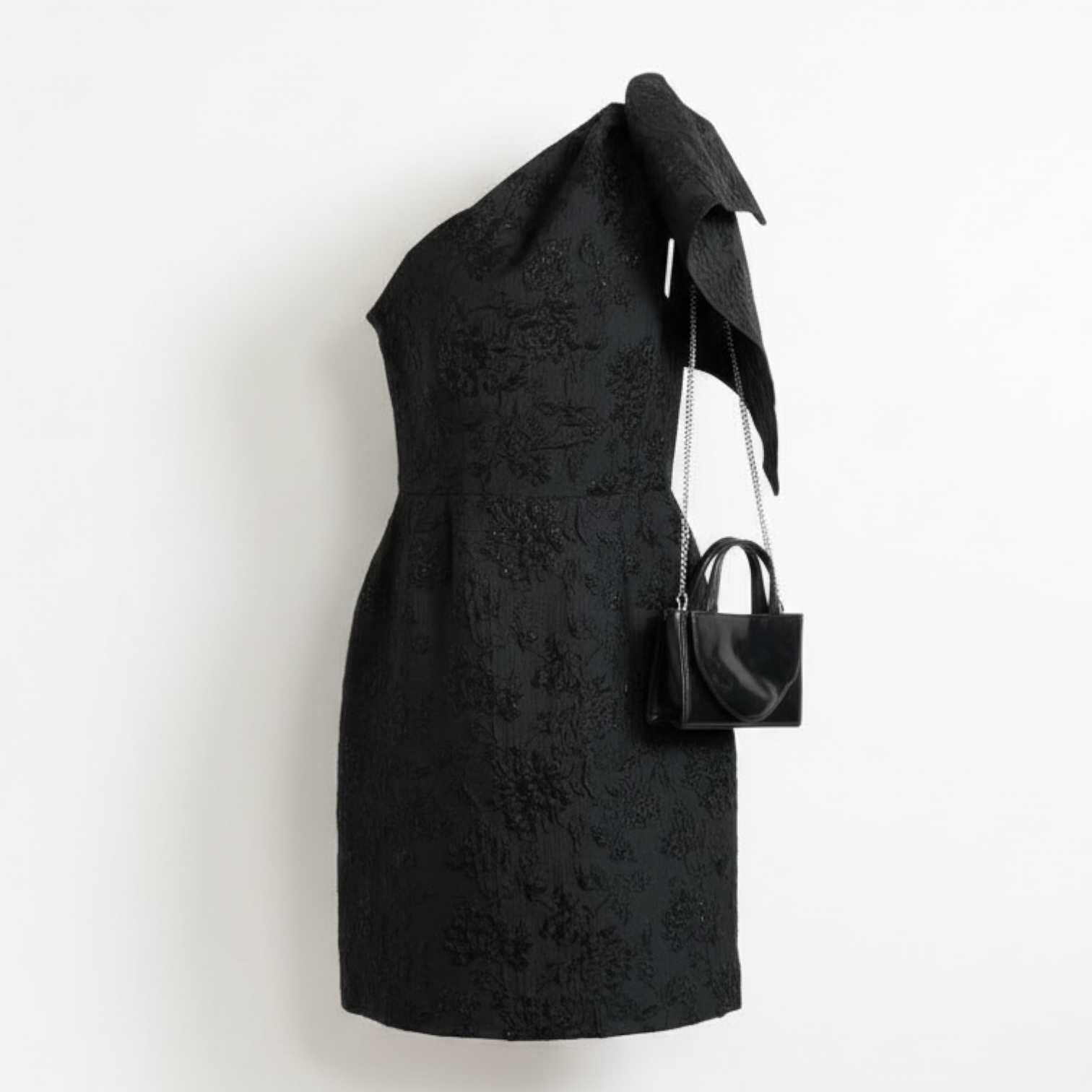 Lulus Black One shoulder brocade cocktail dress