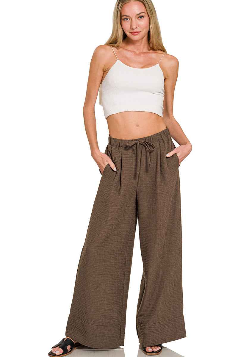 Zenana Linen-Blend Wide-Leg Pants – Beige & Brown