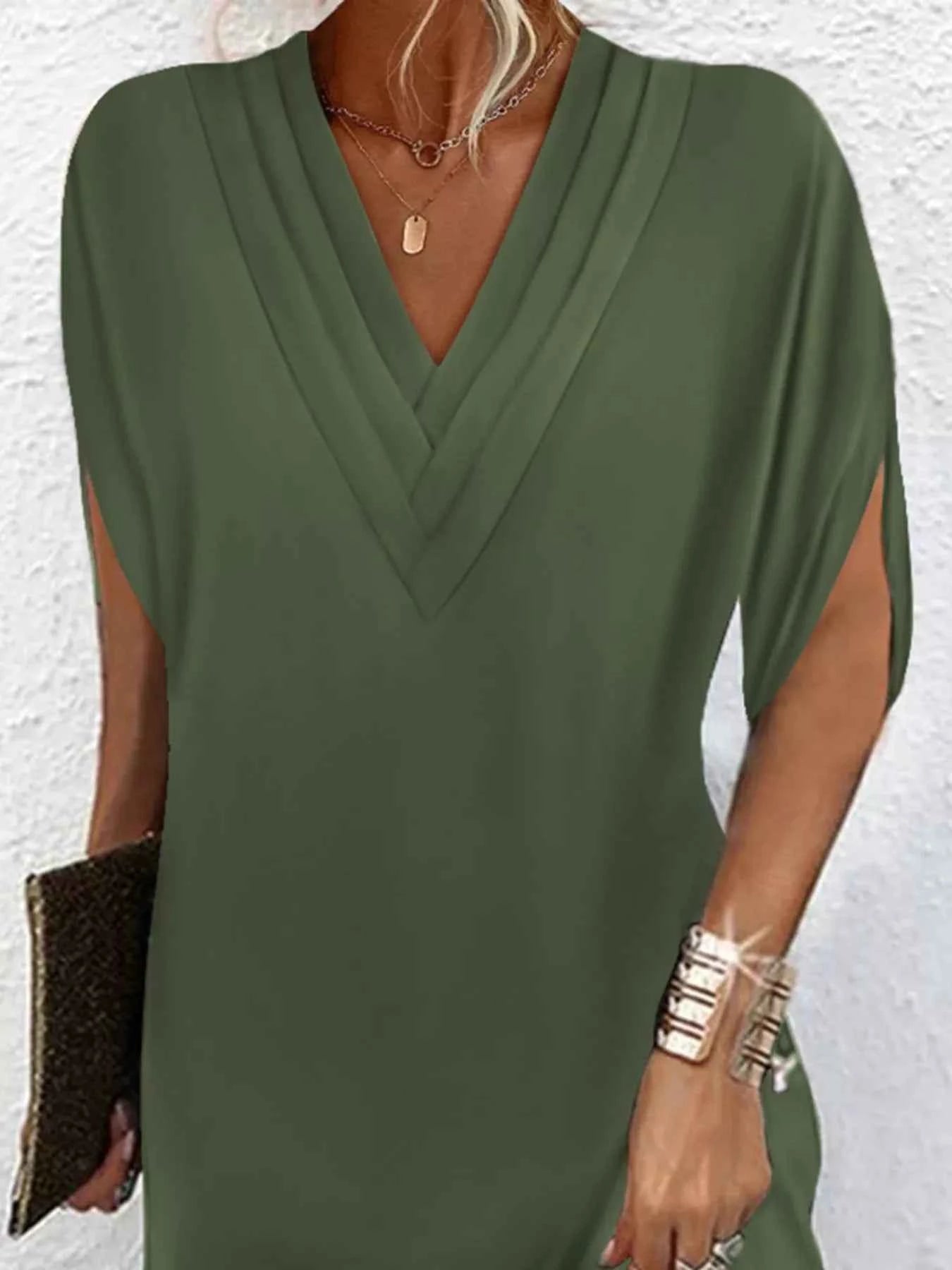 Full Size V-Neck Slit Sleeve Mini Dress Plus Size