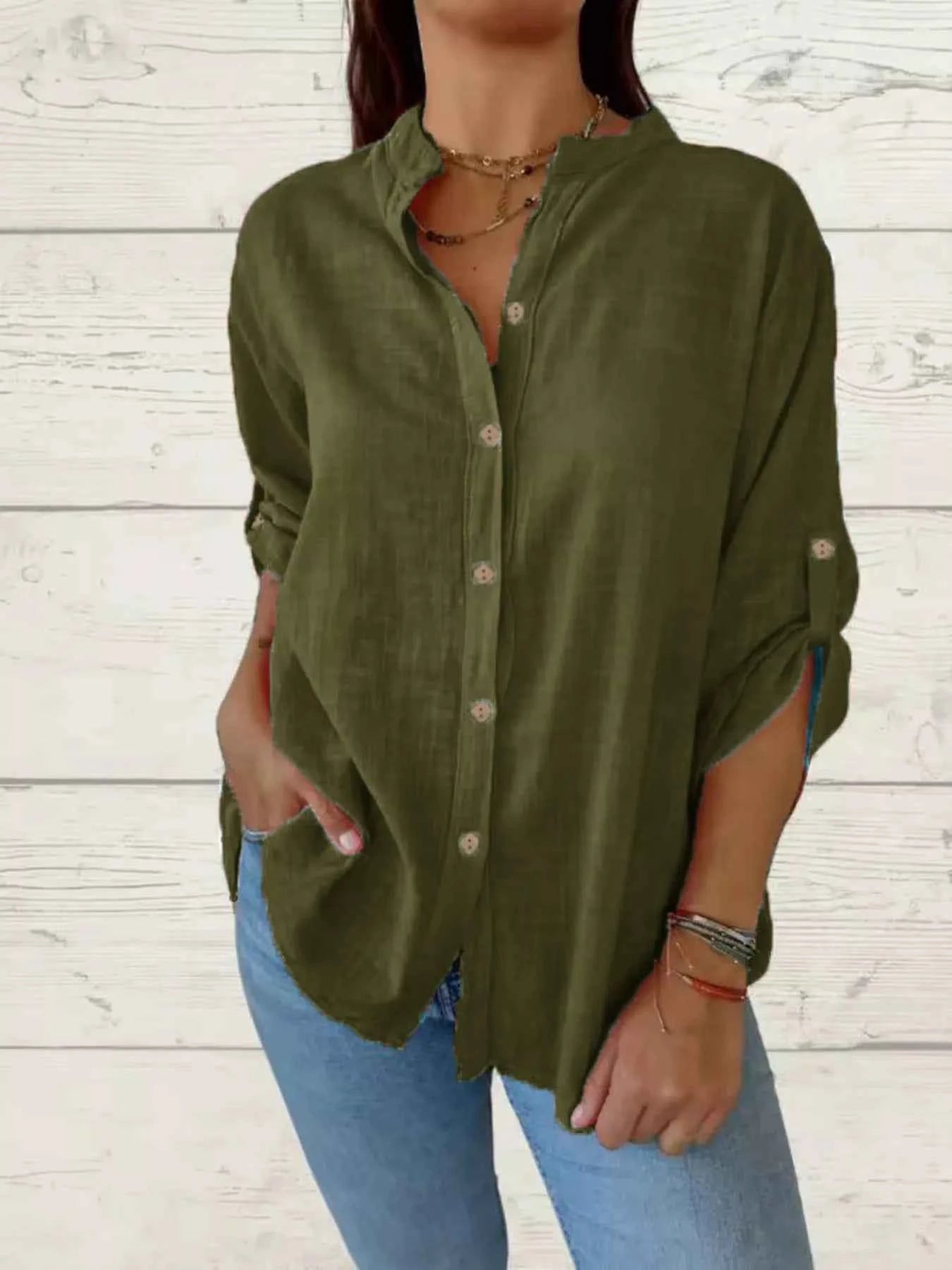 Full Size Casual Button-Down Roll-Up Sleeve Shirt Plus Size