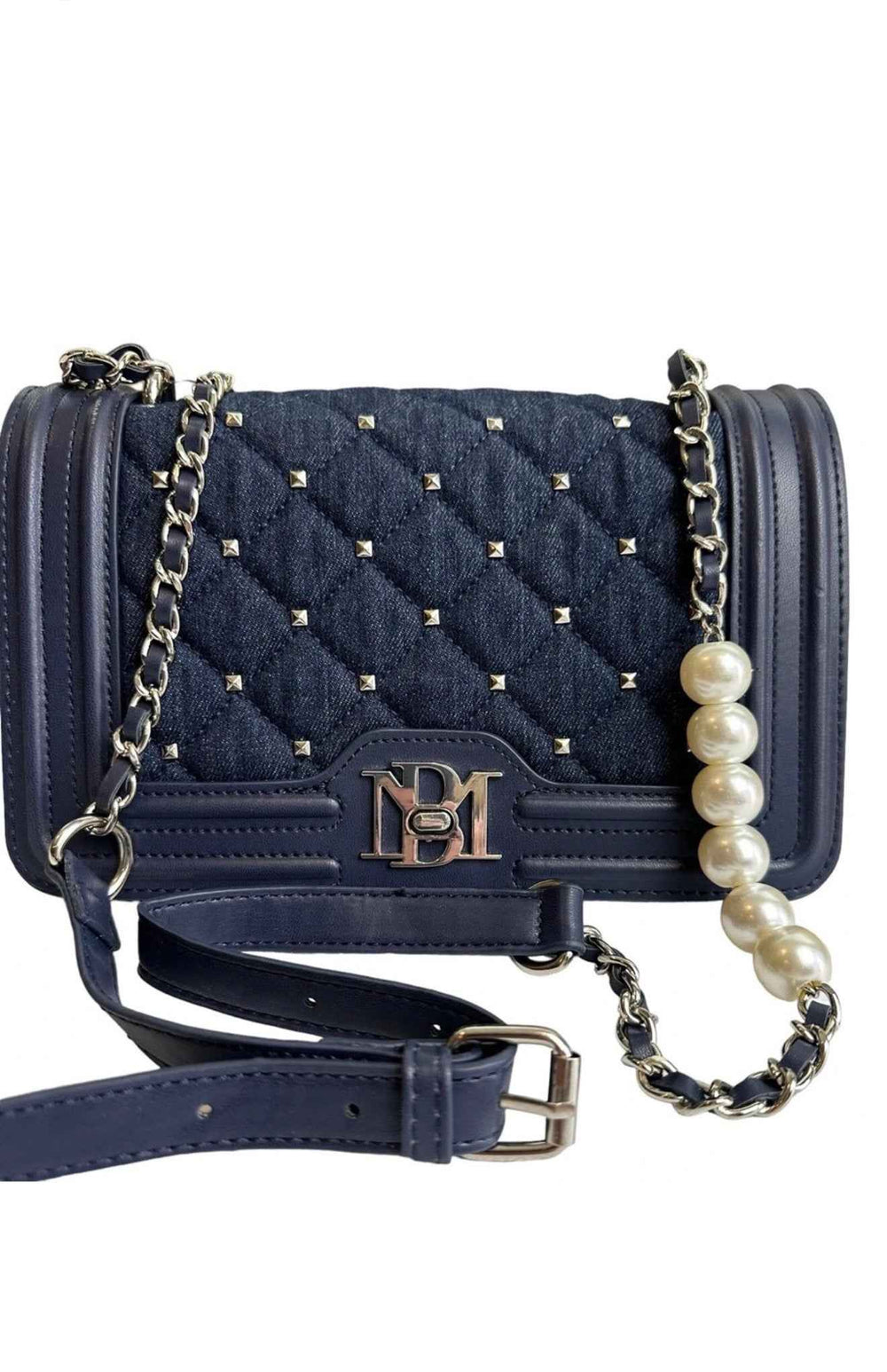 Badgley Mischka Quilted Pearl Denim Crossbody Bag