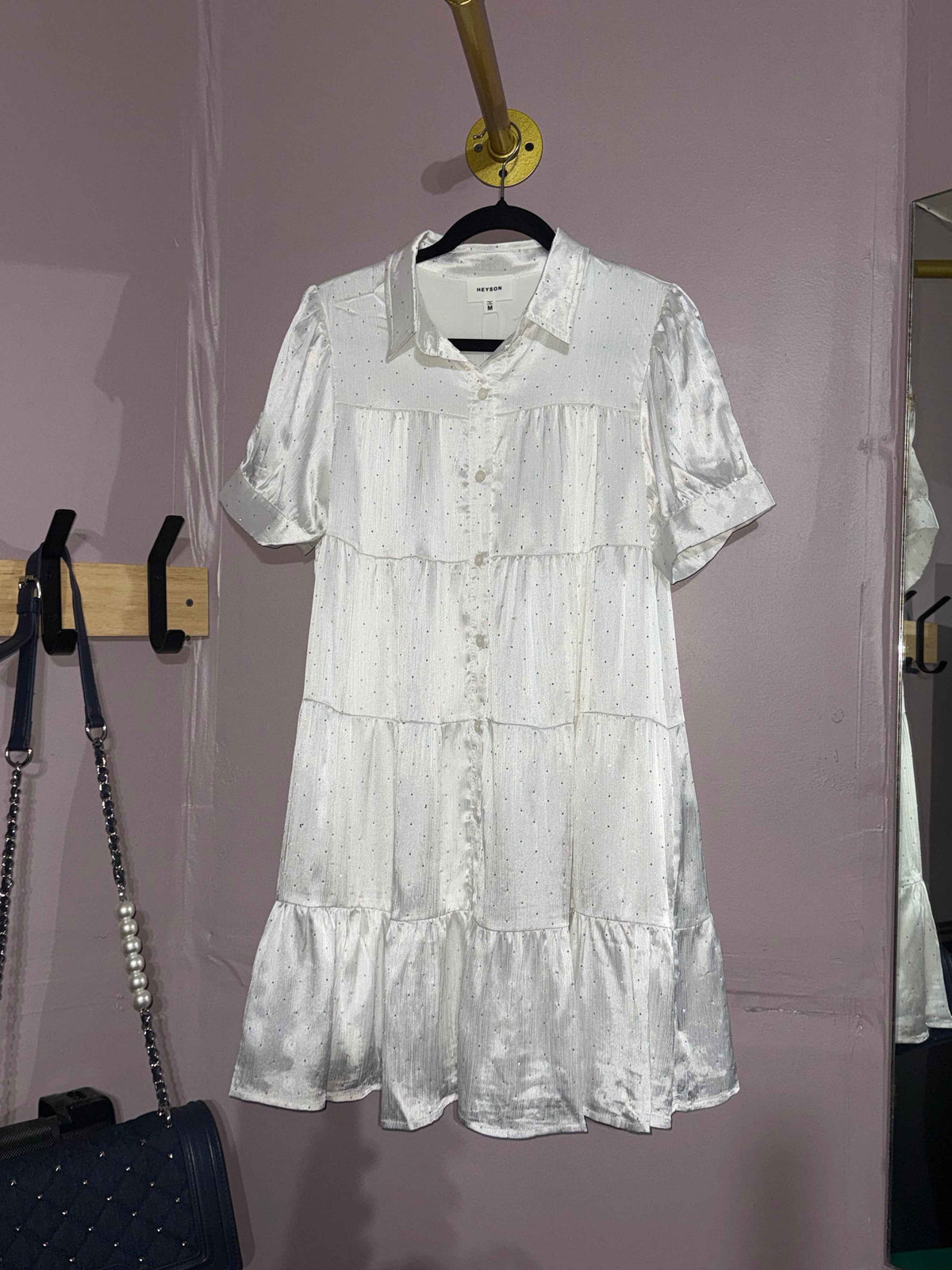 Heyson White Rhinestone Tiered Shirt Dress – Short-Sleeve Mini