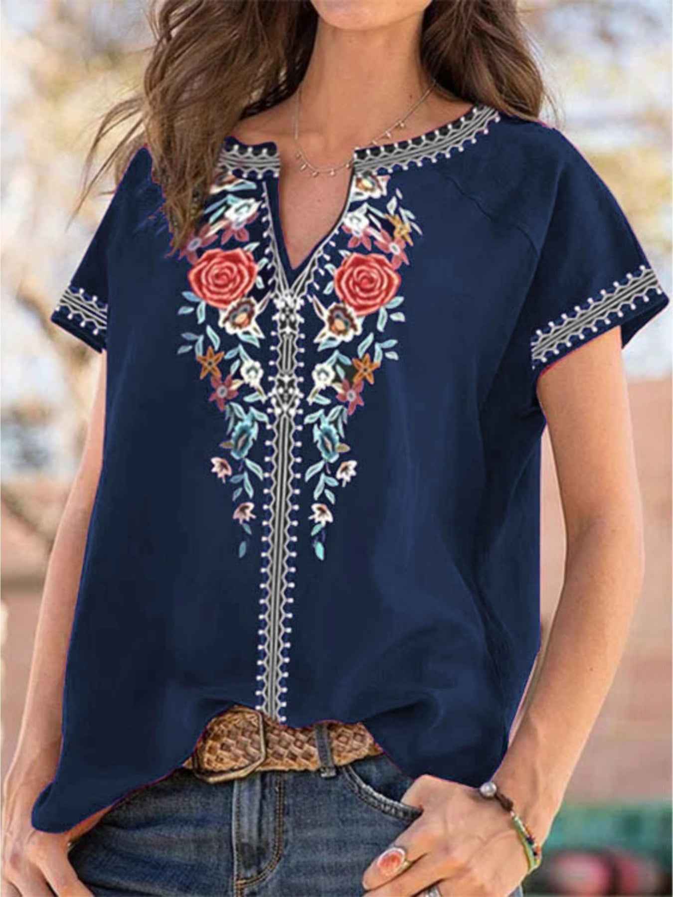 Full Size Floral Notched Short Sleeve Blouse Plus Size