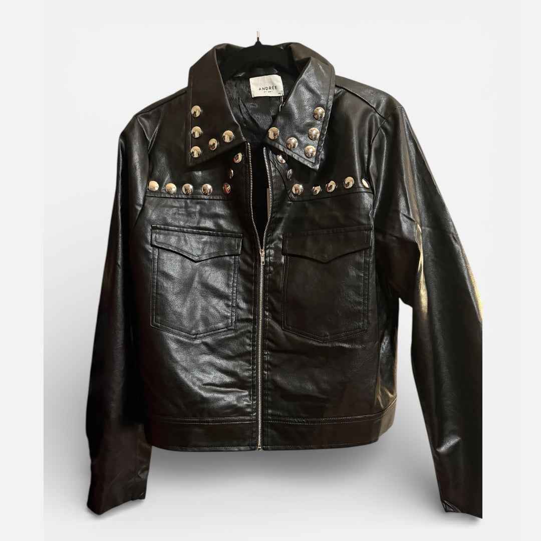 Andre by Unit Studded Vegan Leather Jacket - Black Faux Leather
