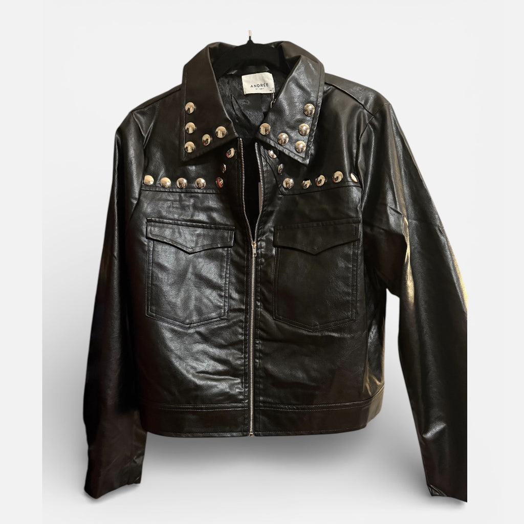 Andre by Unit Studded Vegan Leather Jacket - Black Faux Leather Moto Jacket