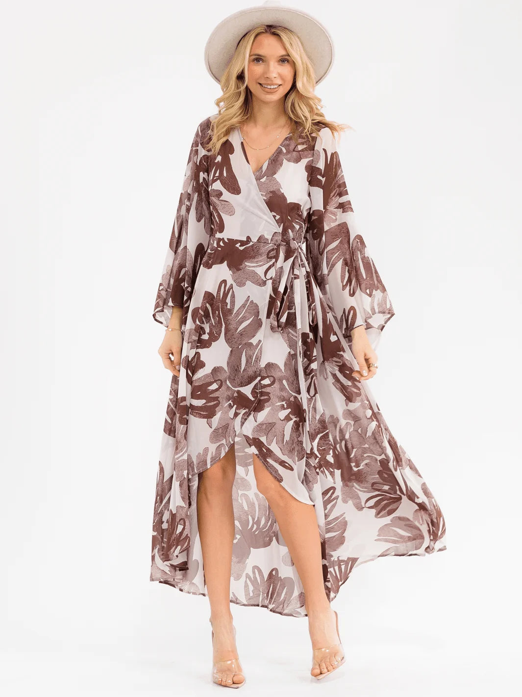 Floral Bell-Sleeve High-Low Wrap Maxi Dress