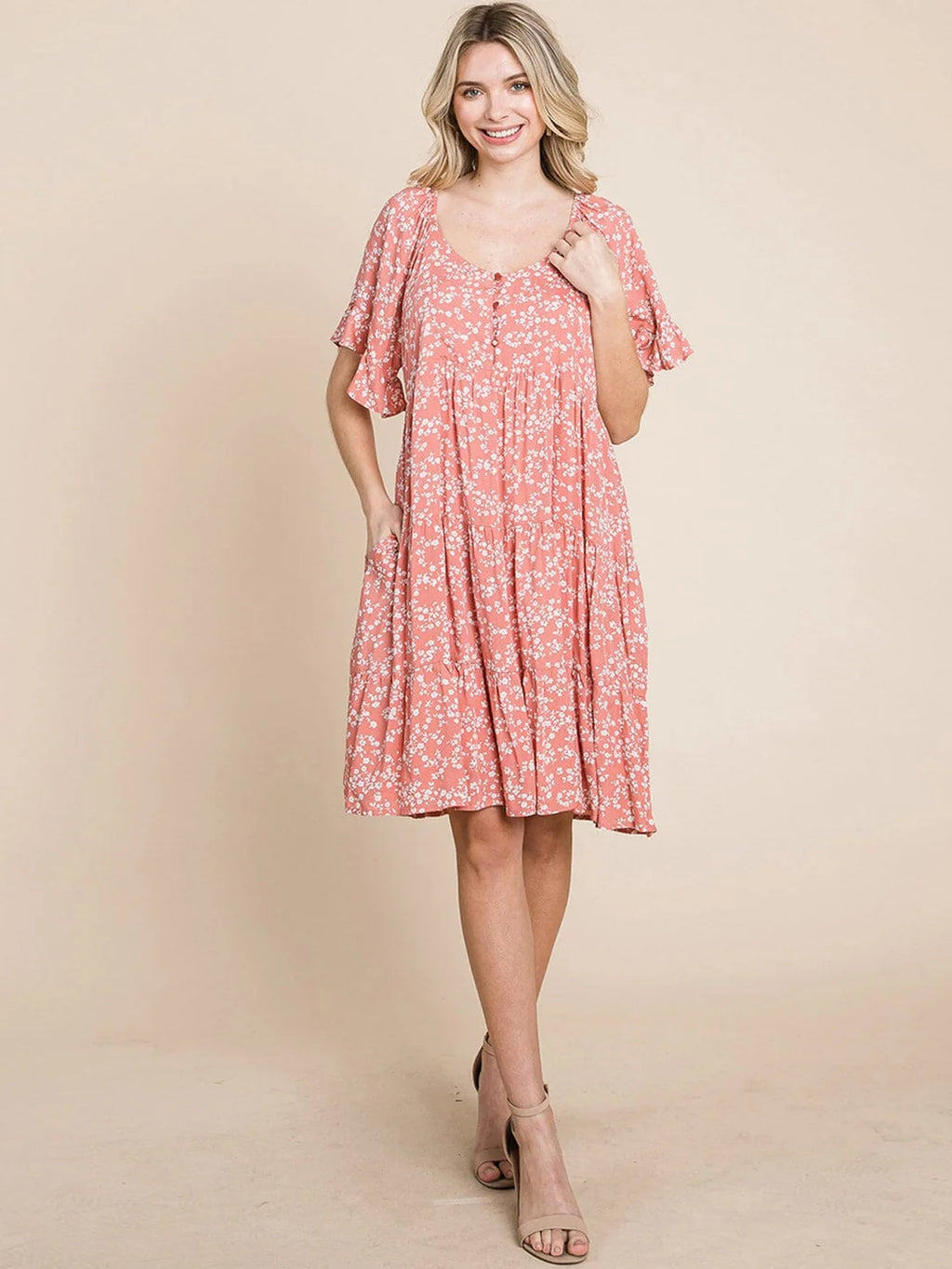 Floral Tunic Mini Dress with Button Front & Pockets