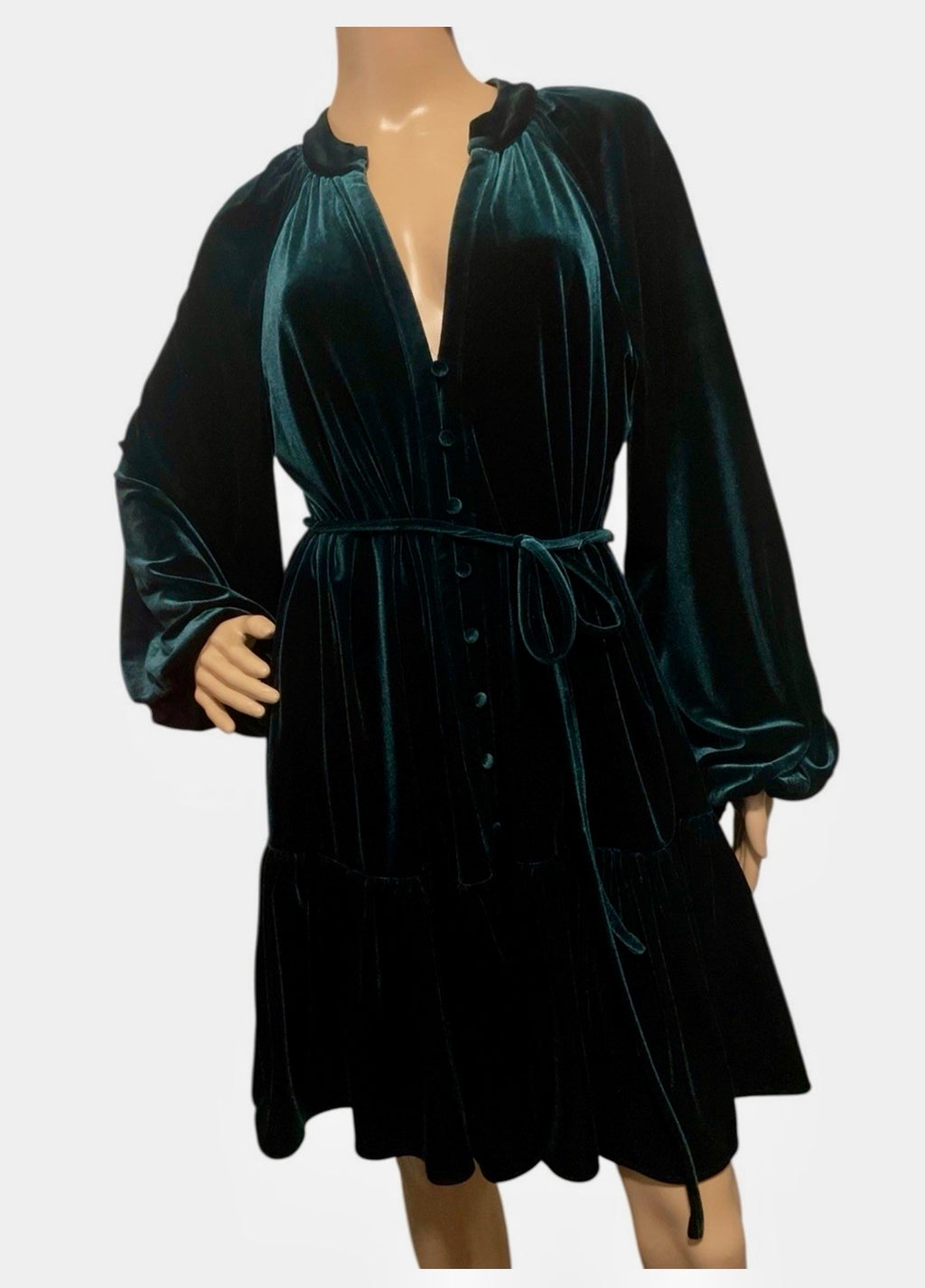 Alex Marie V-Neck Dark Green Velvet Long Sleeve Button Front Dress Chic Holiday Party