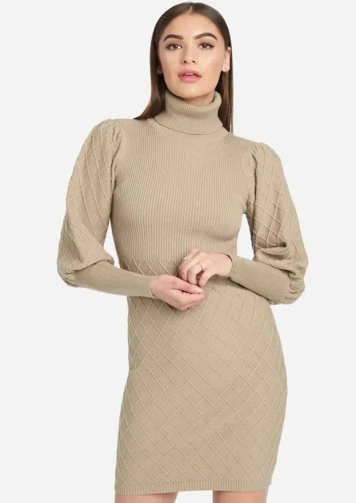 Bebe Puff-Sleeve Quilted Sweater Dress